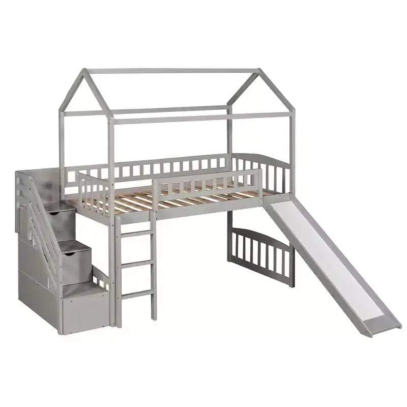 Cama alta tipo casa Twin com escorrega e escadas, cama alta com gavetas de arrumação, cama alta de madeira tipo cabana para crianças e bebés