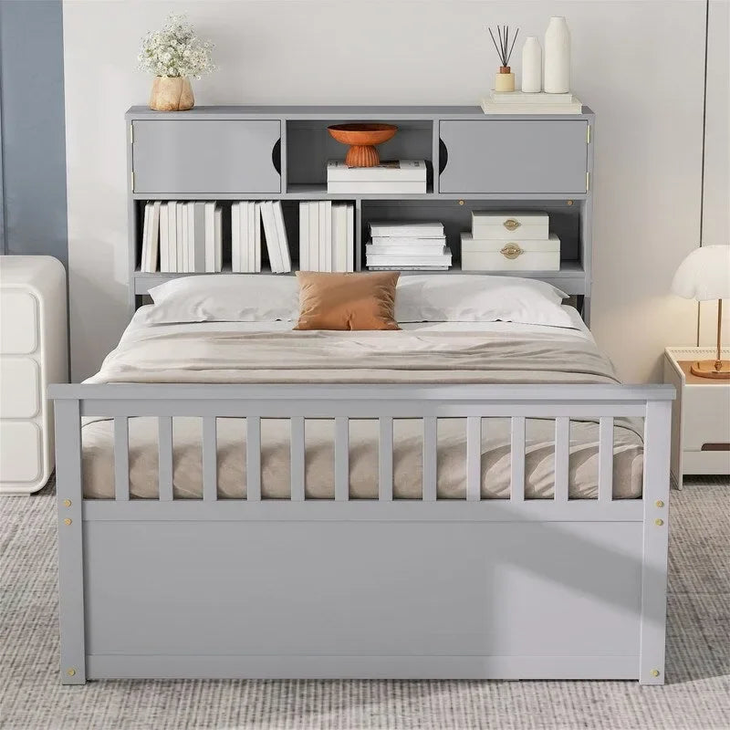 Cama de plataforma tipo capitão Twin/Full com 4 gavetas e prateleiras de arrumação, estrutura de cama em madeira maciça com cabeceira-estante para arrumação