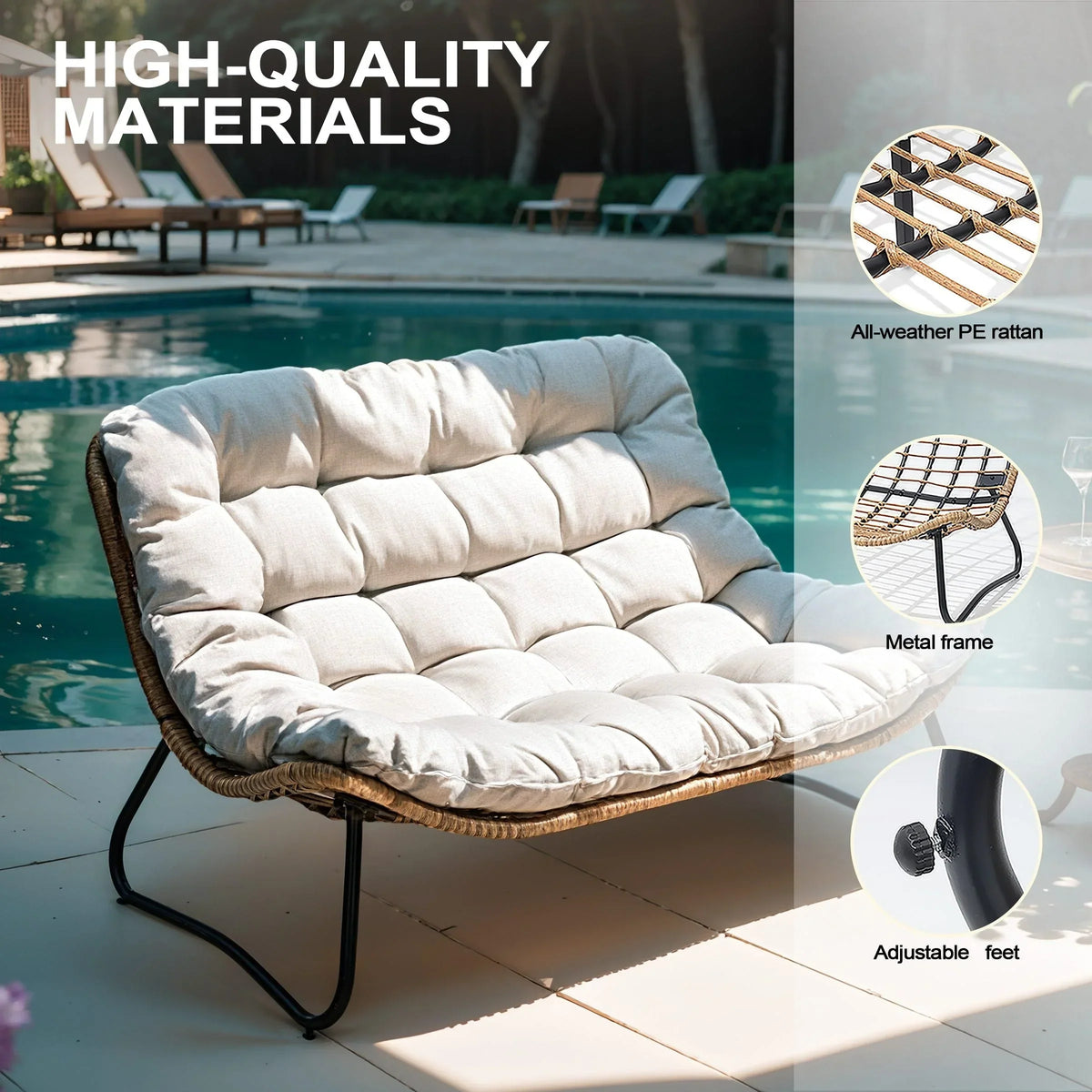 Doppelter Papasan-Sessel als Loveseat mit Kissen, wetterfestes PE-Rattan und Metallgestell für drinnen und draußen