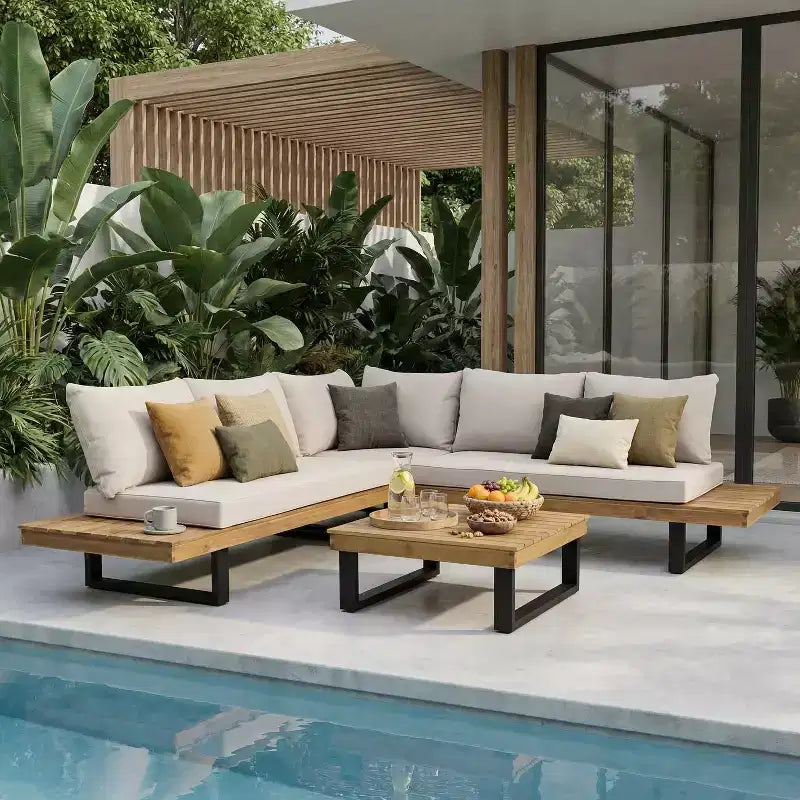 Conjunto de sofá modular de exterior em L, conjunto de lazer para pátio, conjunto de assentos para convívio no jardim com mesa de centro e almofada resistente à água - ModernLuxe