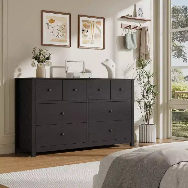 Moderne ladekast met 8 laden voor de slaapkamer, brede houten kast met diepe opbergruimte, vrijstaande organiserende kast voor de woonkamer