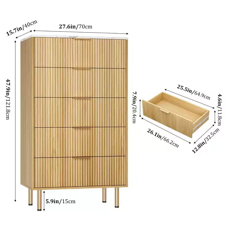 Cómoda branca / mármore e madeira com 5 gavetas - painel canelado, para utilização por 1 pessoa