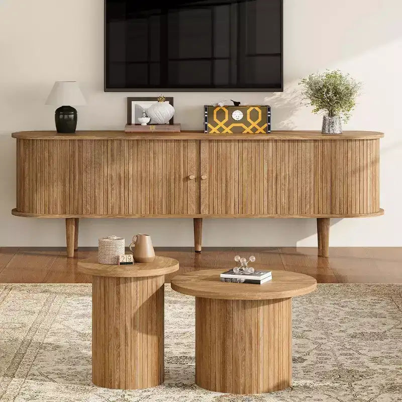 AMERLIFE 70-Zoll-TV-Ständer mit Beinen aus Massivholz, moderne TV-Konsole im Mid-Century-Stil mit Lamellentür