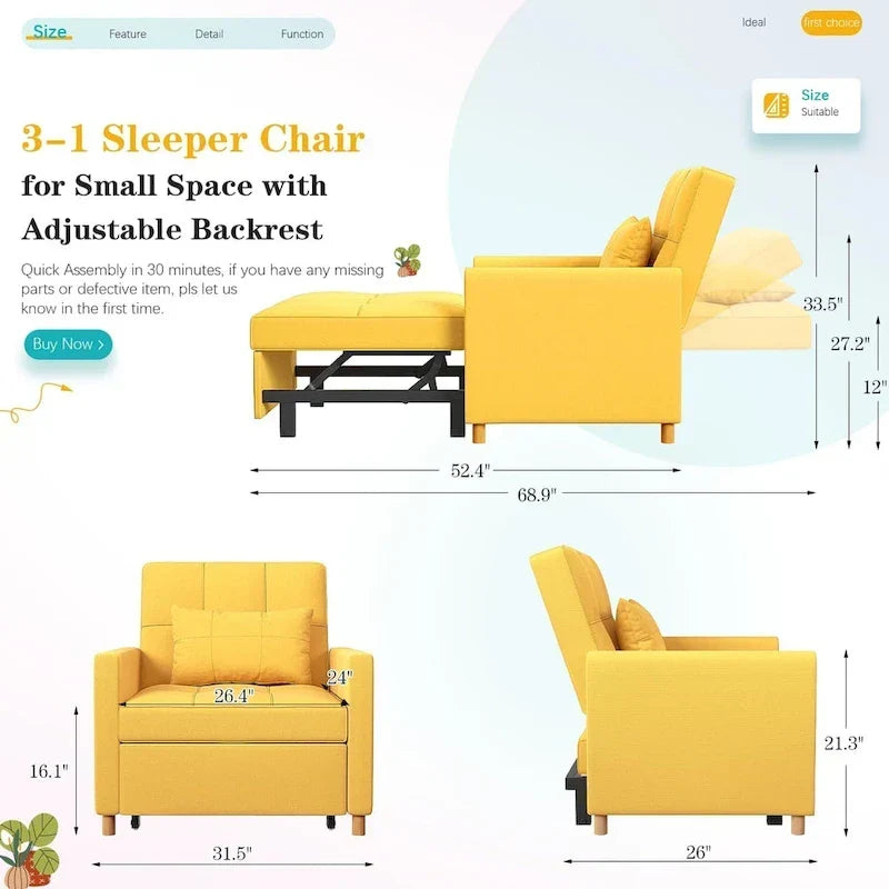 AECOJOY 3-in-1 slaapbankstoel met kussen en verstelbare rugleuning