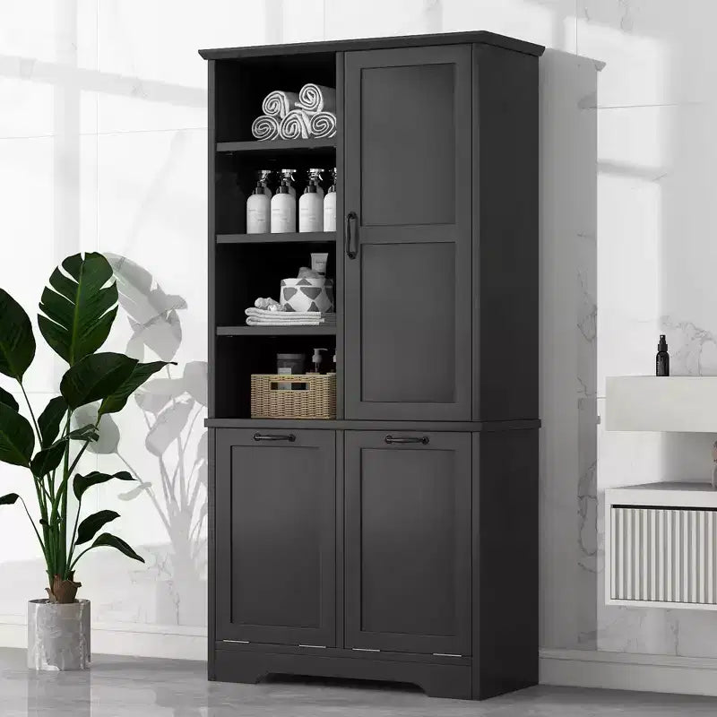 Armário de arrumação para casa de banho com portas e gavetas, cesto para roupa suja basculante e múltiplos espaços de arrumação, estilo autónomo