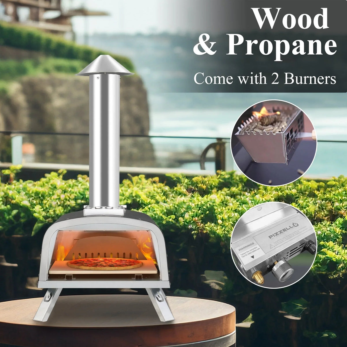 Forno de pizza exterior multicombustível, máquina de pizza de pedra com queimador a gás e caixa para lenha - 12 polegadas