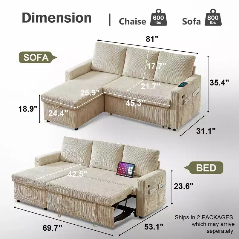 Dyonery 81-Sitzer-Schlafsofa, L-förmiges Ausziehsofa mit wendbarer Recamiere mit Stauraum, USB-Anschluss und verstellbarer Rückenlehne