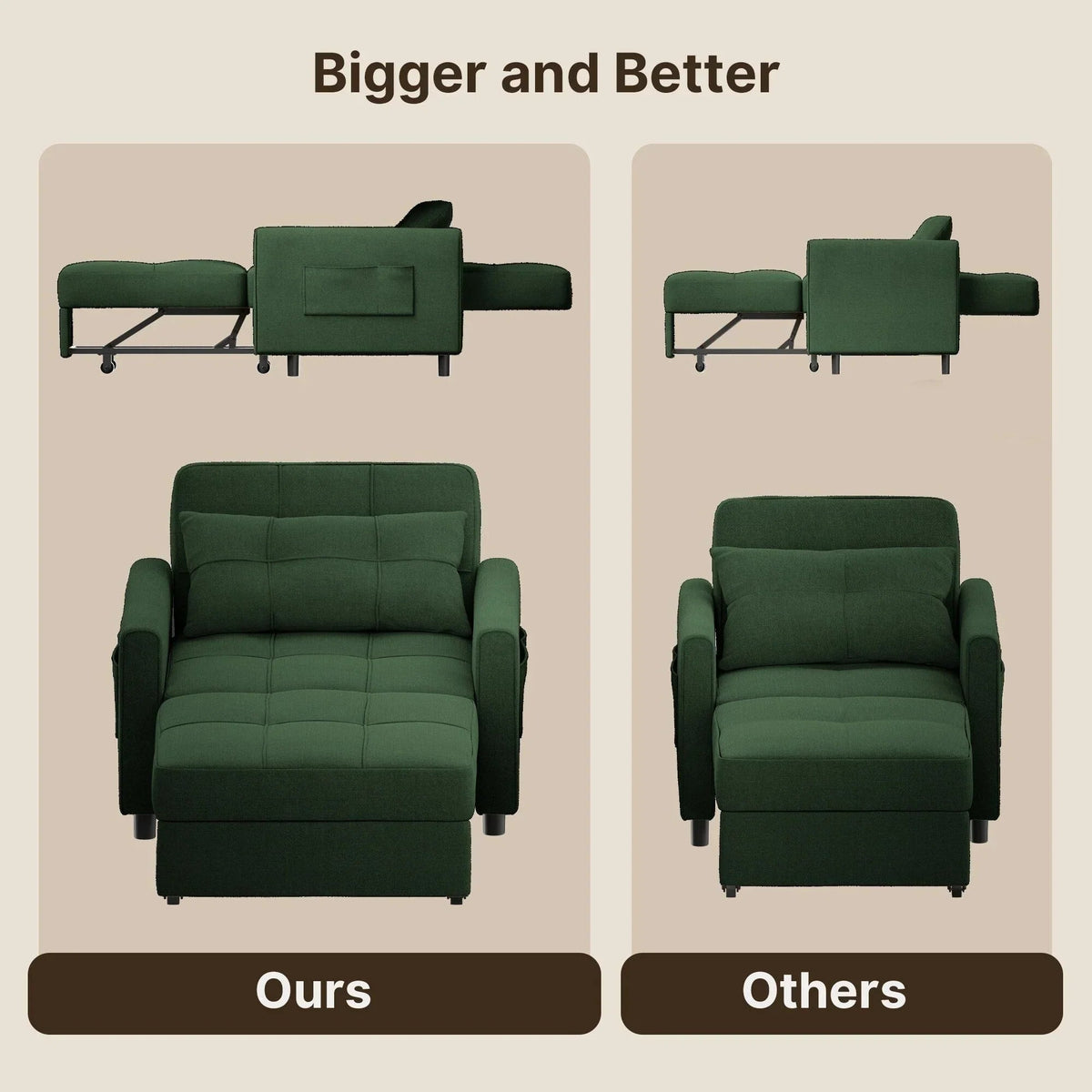 Sofá-cama ajustável 3 em 1, sofá-cadeira extraível, cama dobrável convertível para a sala de estar