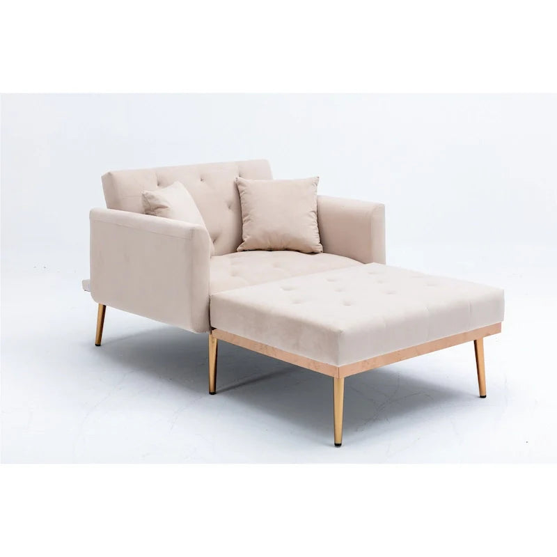 Poltrona letto in velluto imbottito e trapuntato per soggiorno, con gambe color oro rosato