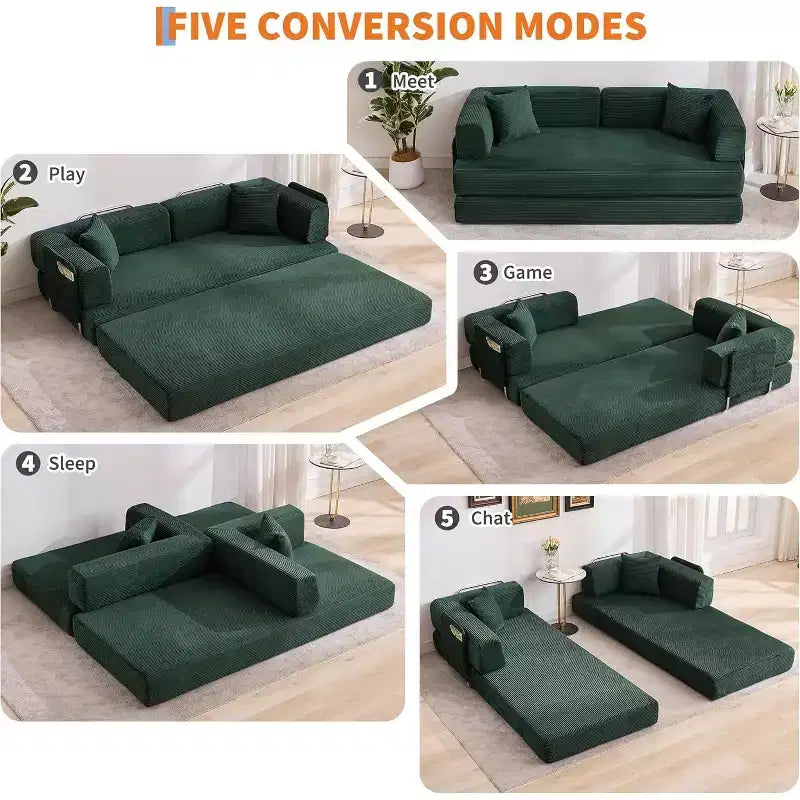 Sofá-cama convertível 5-em-1, sofá-cama modular de bombazina de 78.8 com estrutura robusta, futon multifunções para espaços pequenos, sala de estar e quarto de hóspedes