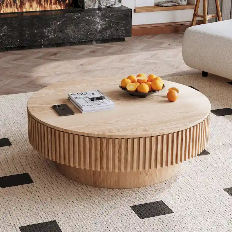 Tavolino rotondo moderno in legno massello impiallacciato con contenitore, da caffè o da tè