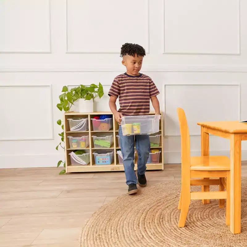 Armário móvel com tabuleiros e 15 compartimentos frontais tipo concha, 3x4, mobiliário infantil