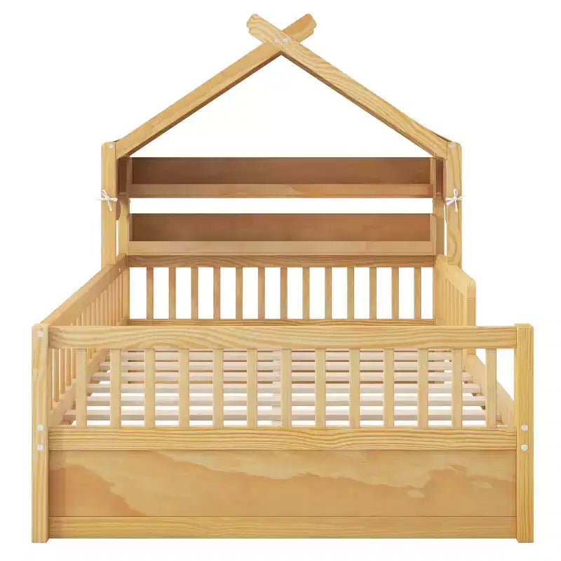 ModernLuxe Holzhausbett in Twin/Full-Größe mit Kopfteil und Stauraum, Kinderbettgestell aus massivem Kiefernholz mit Rausfallschutz