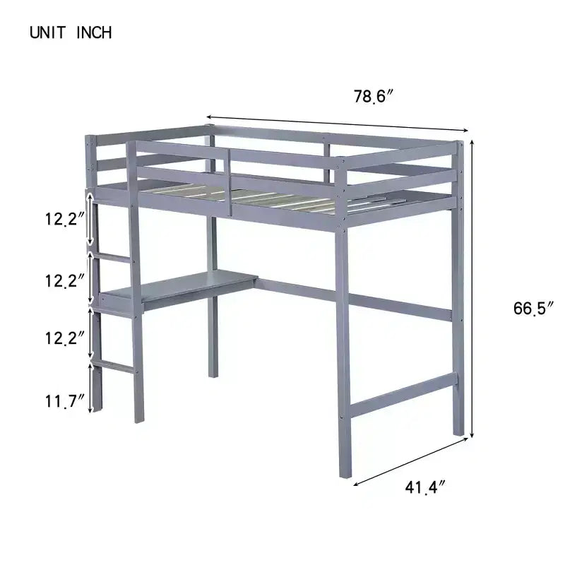Lit mezzanine minimaliste Okak avec échelle, lit mezzanine double en bois d'hévéa avec barrière de sécurité et bureau intégré, cadres de lit pour enfants et adolescents
