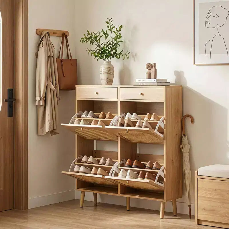 Sapateiro Karl Home com painel de rotim, 2 gavetas e 4 gavetas basculantes, em aglomerado de madeira, 41.34 W