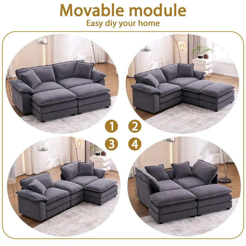Canapé 2 places avec 2 coussins, 2 oreillers et 2 poufs, canapé confortable – canapé profond modulable pour le salon