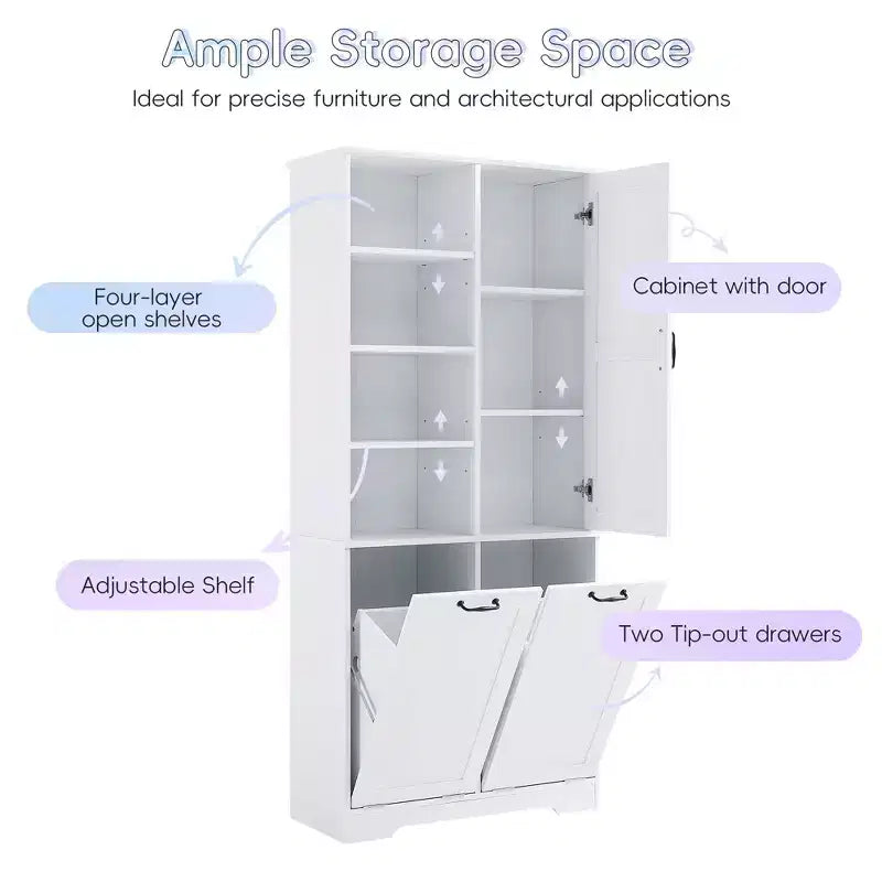 Armário de arrumação para casa de banho com portas e gavetas, cesto para roupa suja basculante e múltiplos espaços de arrumação, estilo autónomo