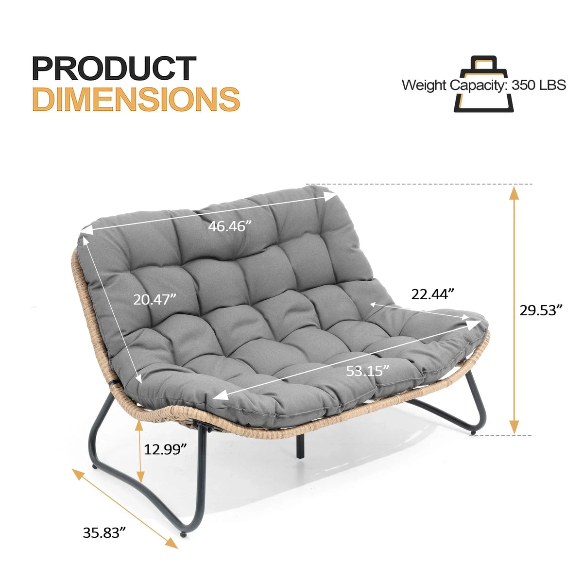 Doppelter Papasan-Sessel als Loveseat mit Kissen, wetterfestes PE-Rattan und Metallgestell für drinnen und draußen