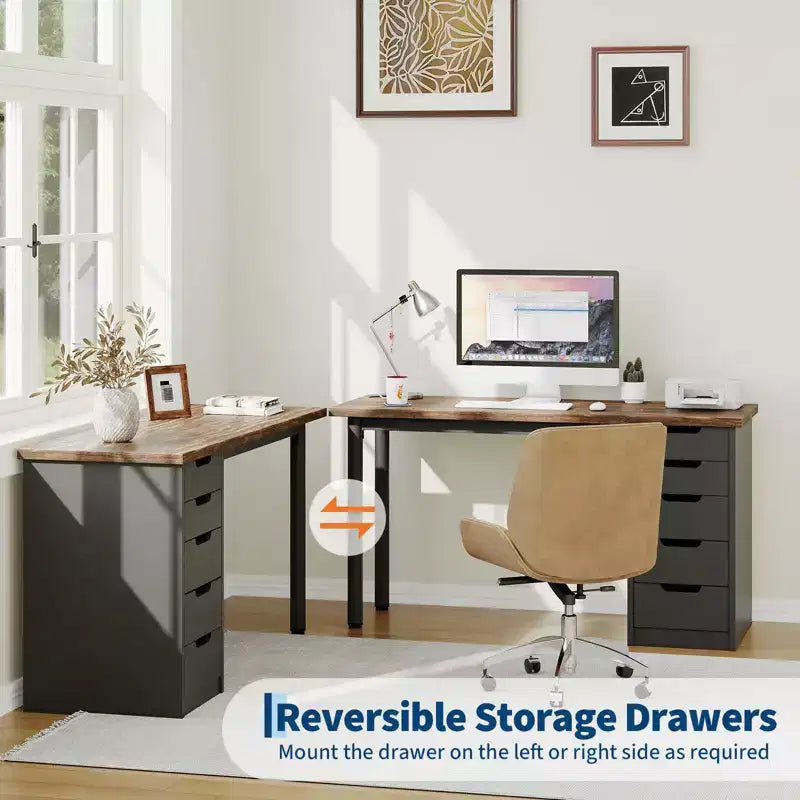 Secretária para computador de 47 polegadas com 5 gavetas de arrumação, mesa de estudo e escrita moderna de estilo rústico reversível, estação de trabalho para escritório em casa para espaços pequenos