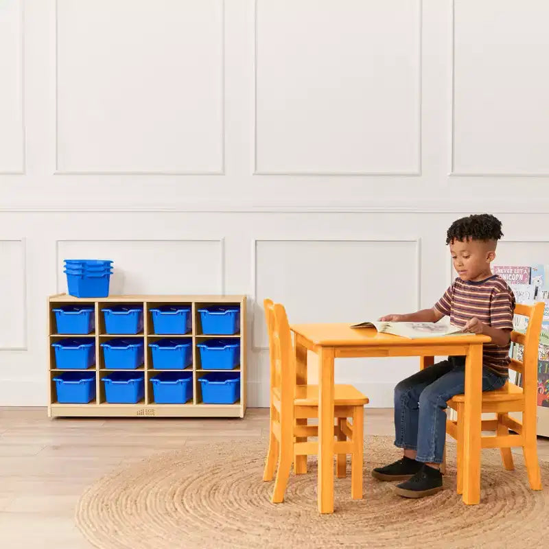 Armário móvel com tabuleiros e 15 compartimentos frontais tipo concha, 3x4, mobiliário infantil