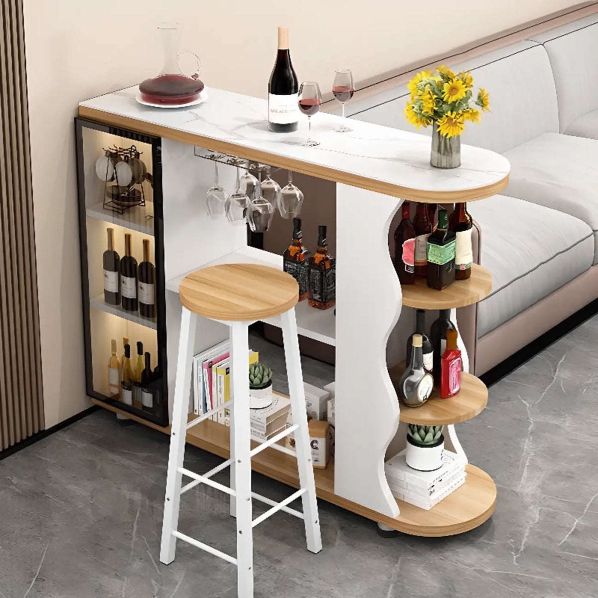 Table de bar moderne de forme libre avec plateau en pierre et rangement pour bars à domicile
