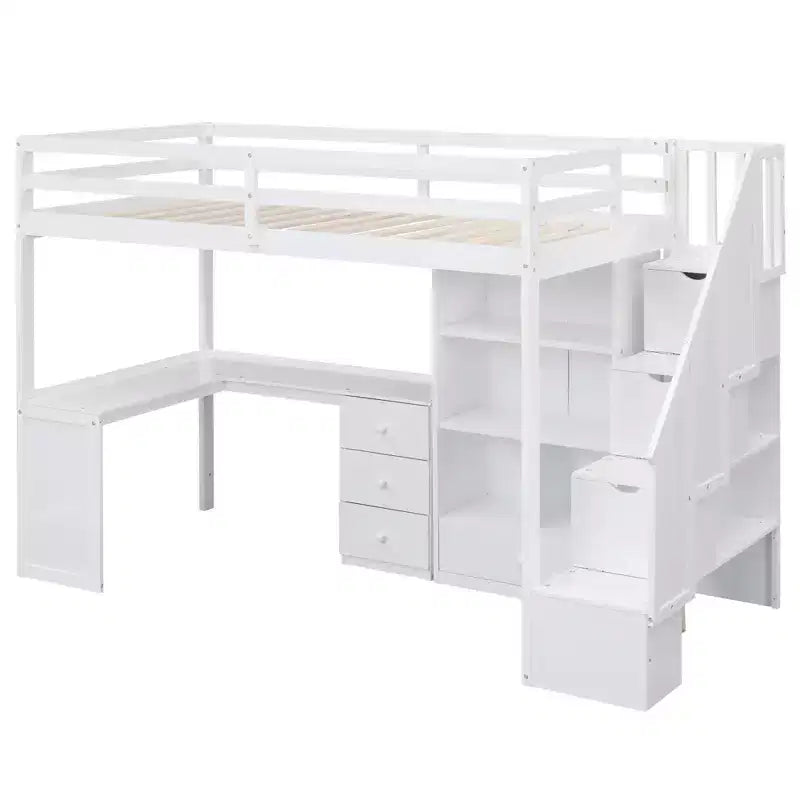 Hochbett in Twin-Größe mit L-förmigem Schreibtisch, 3 Schubladen, Schrank und Stauraum in der Treppe, Konstruktion aus massivem Kiefernholz/MDF