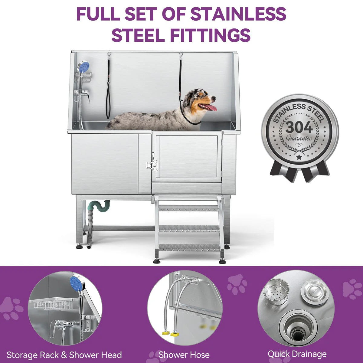 50'' W Stainless Steel Adjustable Pet Grooming Tub with Steps Ramp