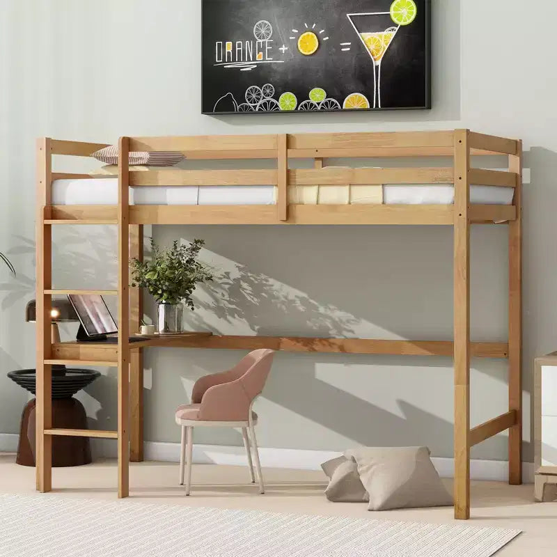 Lit mezzanine minimaliste Okak avec échelle, lit mezzanine double en bois d'hévéa avec barrière de sécurité et bureau intégré, cadres de lit pour enfants et adolescents