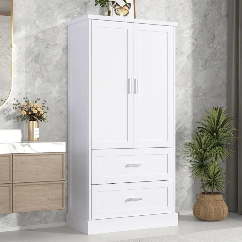 Hohes Badezimmer-Aufbewahrungsregal, Schrank mit zwei Türen und Schubladen, verstellbarem Regalboden und MDF-Platte
