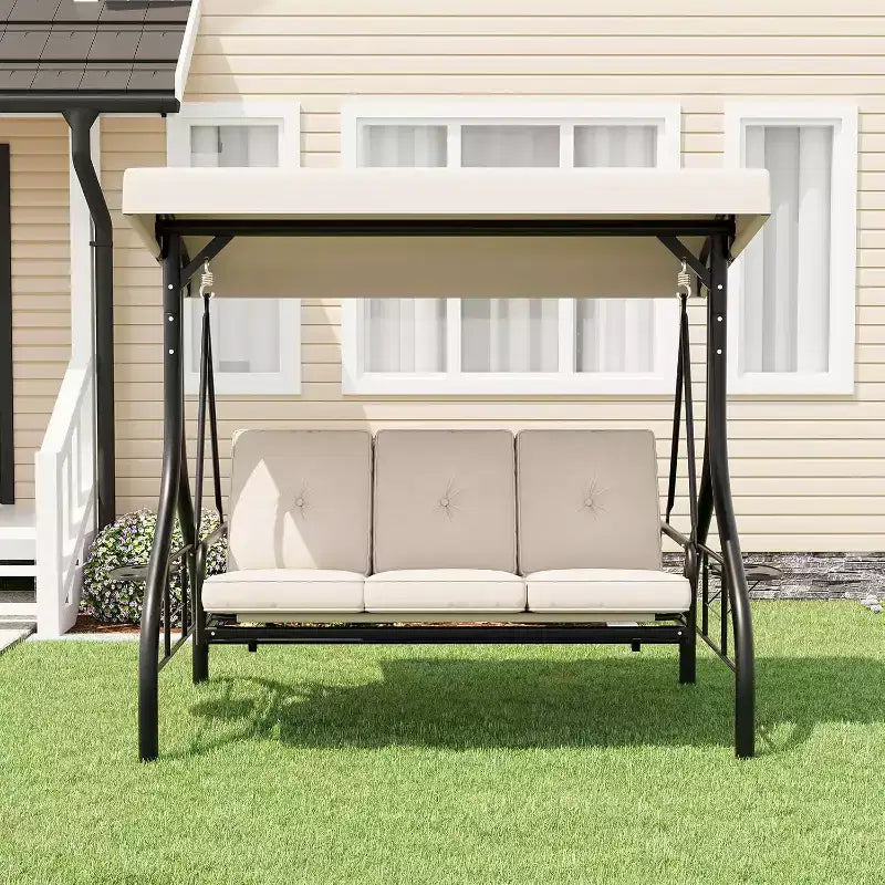2-in-1 omvormbare schommelstoel voor buiten met 3 zitplaatsen, verstelbare luifel, schommelbed voor terras met standaard, dikke kussens en bekerhouders, voor achtertuin, tuin en veranda
