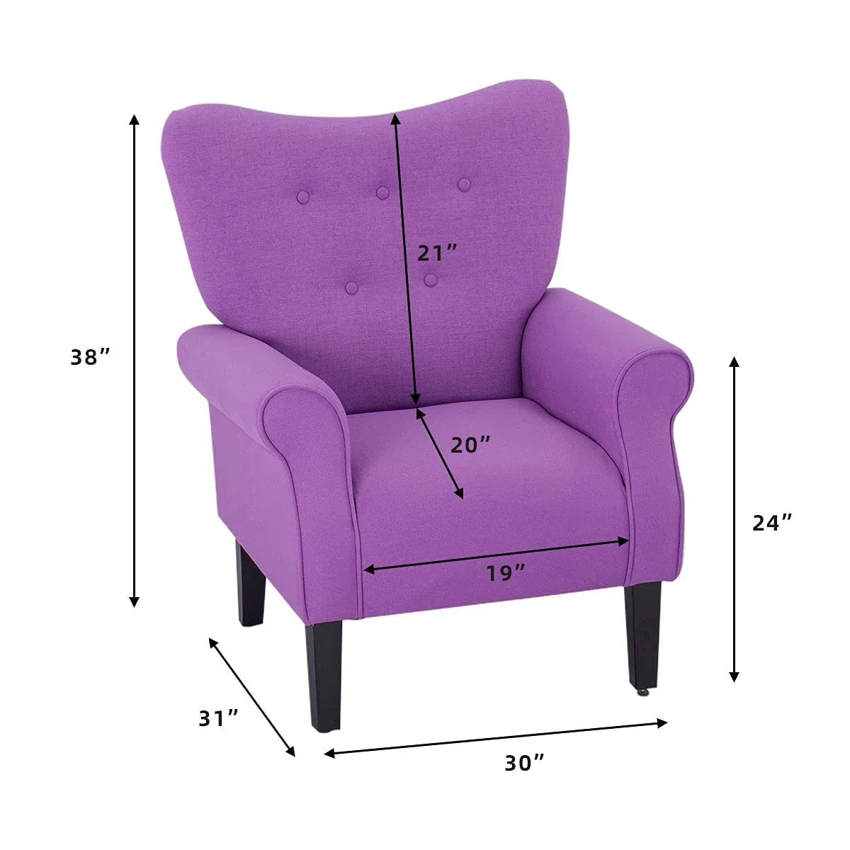 Fauteuil d’appoint moderne Erommy, fauteuil à dossier haut, canapé une place en tissu rembourré avec boutons et pieds en bois pour le salon