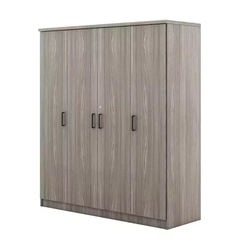 Guarda-roupa de madeira com 4 portas, varão para cabides, 1 gaveta e prateleiras de arrumação