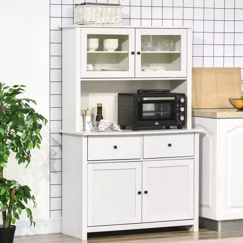 HOMCOM 63.5 Aparador de cozinha com módulo superior, armário de despensa com 4 prateleiras, gavetas, portas de vidro com moldura e bancada aberta para micro-ondas