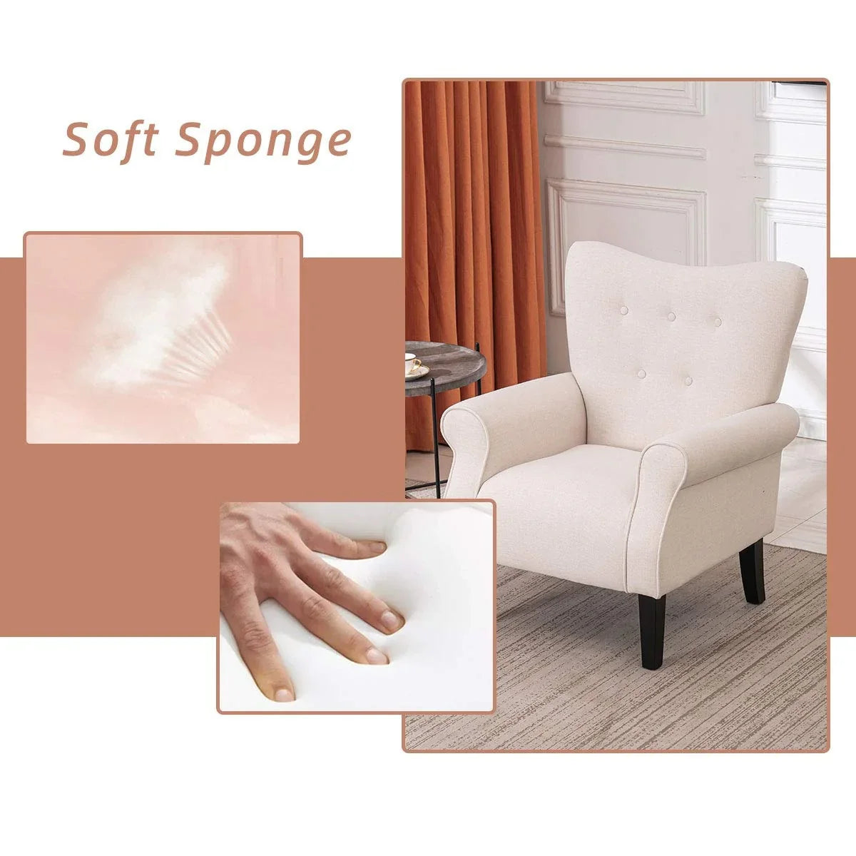 Fauteuil d’appoint moderne Erommy, fauteuil à dossier haut, canapé une place en tissu rembourré avec boutons et pieds en bois pour le salon