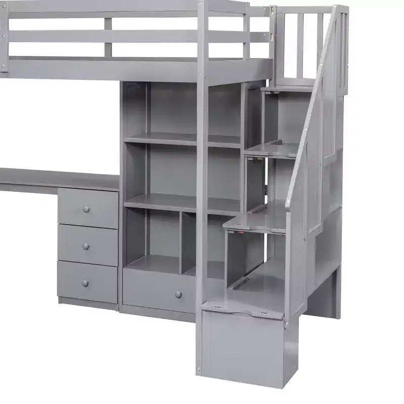 Hochbett in Twin-Größe mit L-förmigem Schreibtisch, 3 Schubladen, Schrank und Stauraum in der Treppe, Konstruktion aus massivem Kiefernholz/MDF