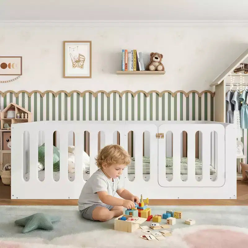 Cama Montessori de chão branca, tamanho Twin, com grades de proteção e porta - madeira maciça, 1 criança