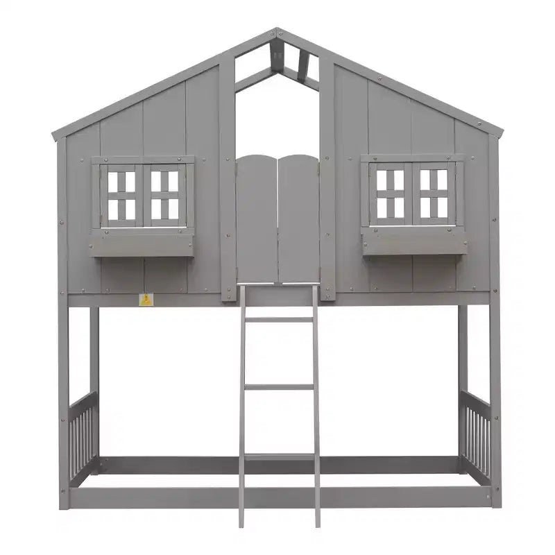 Cama alta de tamanho Twin em forma de casa, cama alta de madeira tipo casinha com escada e barreiras de proteção para crianças