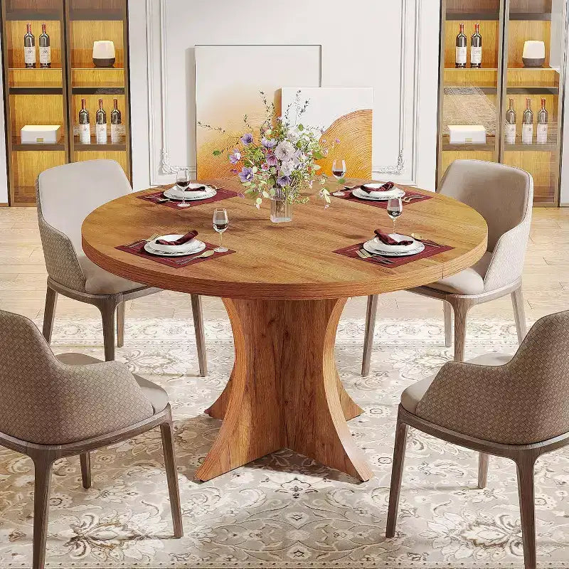 Table à manger ronde Lantine de 47,24 pouces pour 4 à 6 personnes, table de cuisine de style campagne avec pied central, petite table de repas pour salle à manger ou salon, marron