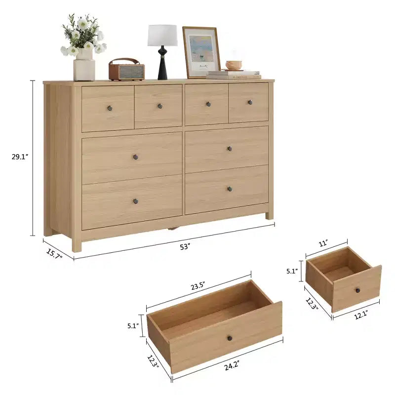Moderne ladekast met 8 laden voor de slaapkamer, brede houten kast met diepe opbergruimte, vrijstaande organiserende kast voor de woonkamer