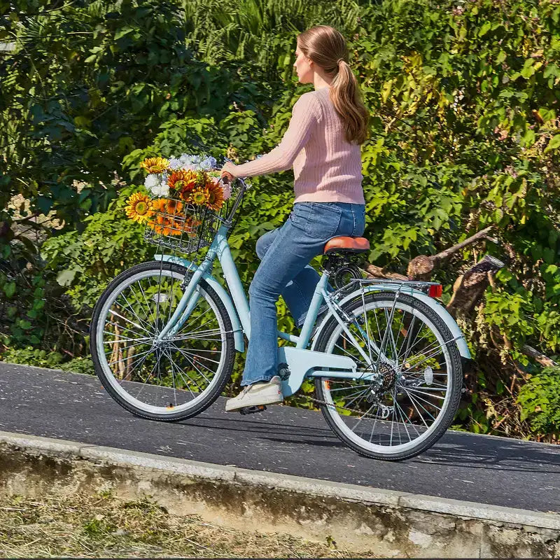 VEVOR Cruiser-Fahrrad, 7-Gang, 26-Zoll-Strand-Cruiser-Fahrrad in Hellblau mit großem Korb und Gepäckträger, sicheres und robustes Cruiser-Fahrrad, Hellblau