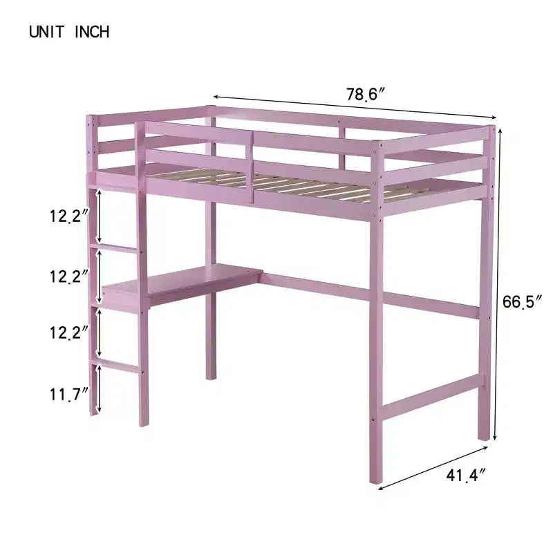Lit mezzanine minimaliste Okak avec échelle, lit mezzanine double en bois d'hévéa avec barrière de sécurité et bureau intégré, cadres de lit pour enfants et adolescents