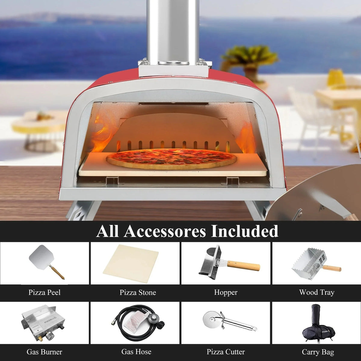 Forno de pizza exterior multicombustível, máquina de pizza de pedra com queimador a gás e caixa para lenha - 12 polegadas