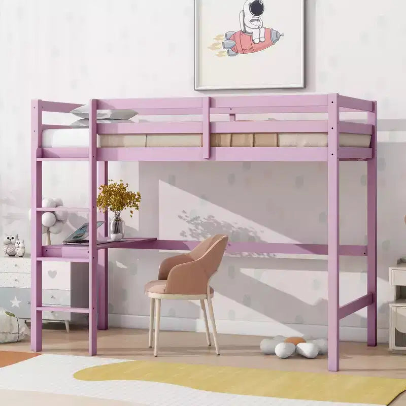 Lit mezzanine minimaliste Okak avec échelle, lit mezzanine double en bois d'hévéa avec barrière de sécurité et bureau intégré, cadres de lit pour enfants et adolescents