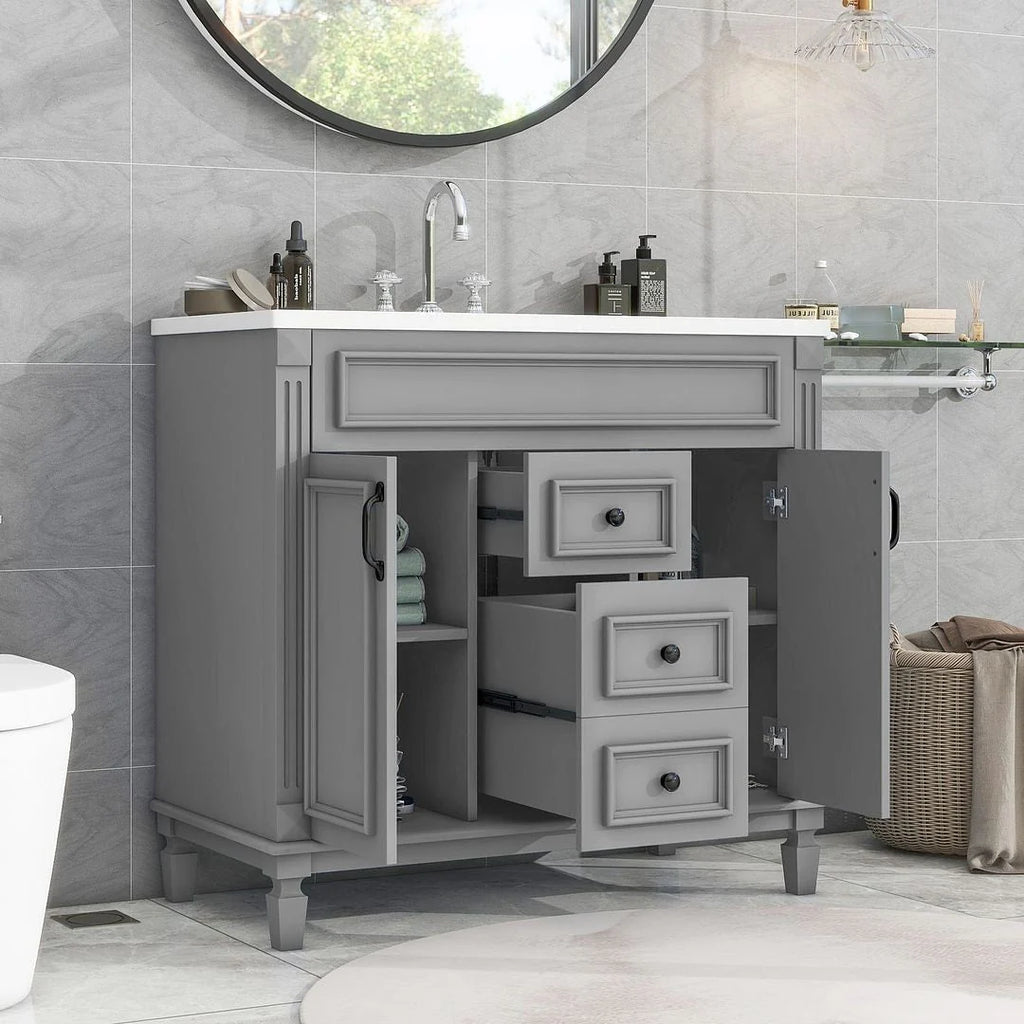 Moderne badkamermeubelset van 36 inch met wastafelblad, spiegelkast, 2 deuren en 2 laden