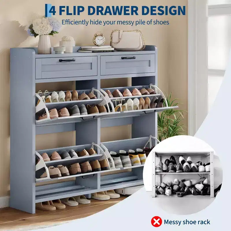 Schuhschrank mit 4 Klappschubladen und 2 oberen Schubladen, hölzerner Schuhorganizer-Schrank mit verstellbarem Regal, freistehende Schuhaufbewahrungsschränke