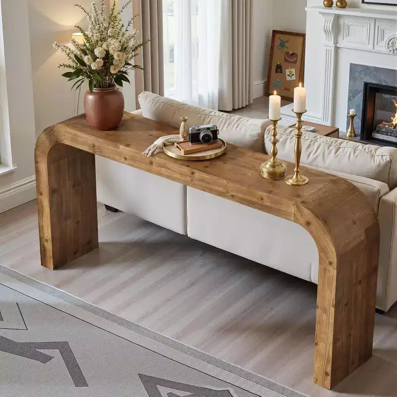 Mesa de consola Lantine de 70.87 polegadas em madeira maciça, mesa de sofá de estilo rústico com cantos em cascata para corredor, sala de estar, atrás do sofá, madeira natural