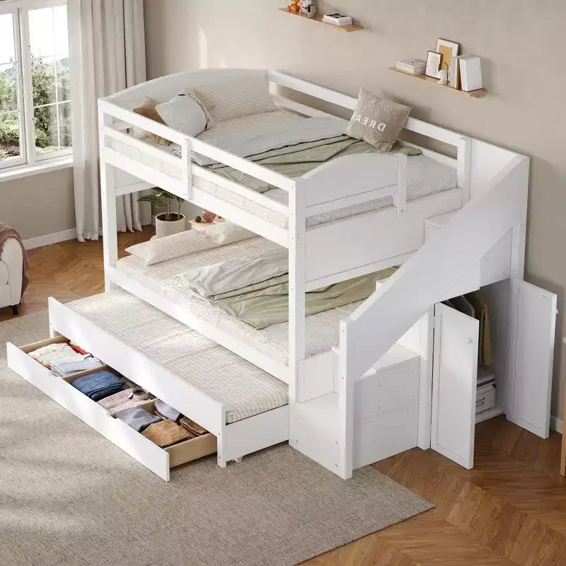 Estrutura de beliche Whisen Twin XL com cama auxiliar, beliche com arrumação, madeira maciça, escada com arrumação, roupeiro e 3 gavetas, para crianças