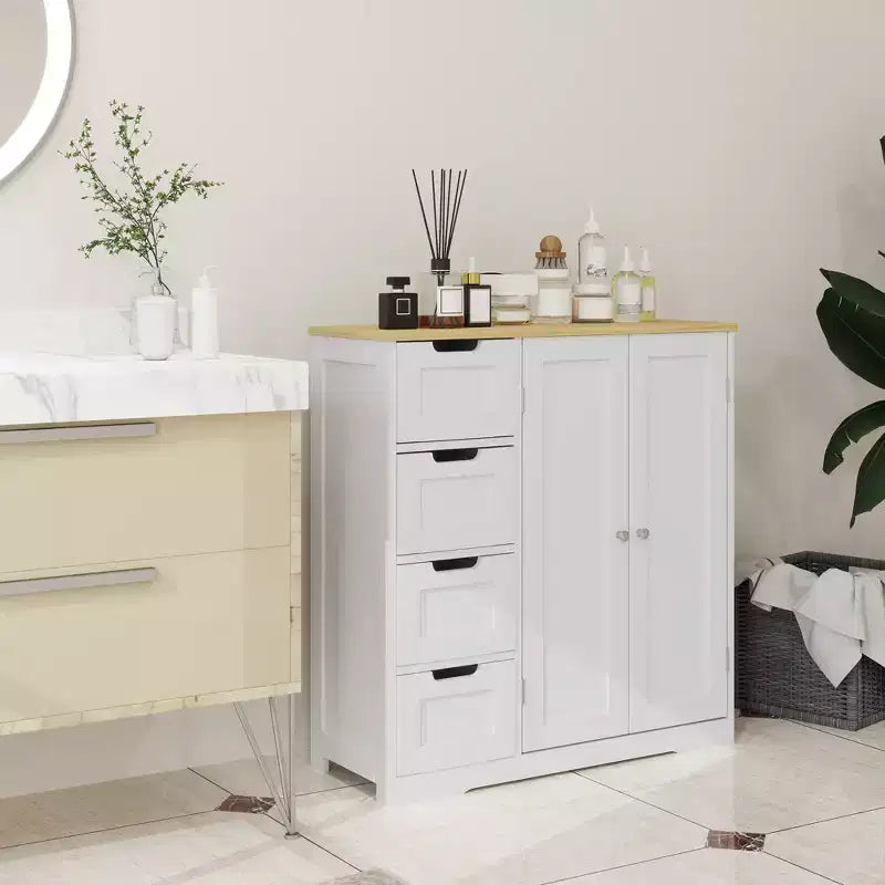Armário de chão para casa de banho HOMCOM com prateleira ajustável, armário de arrumação independente para casa de banho com 4 gavetas e 2 portas, branco