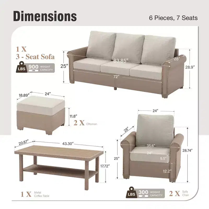 Conjunto de 6 peças de sofá de exterior de luxo em vime Captiva Designs para convívio, com apoios de braços curvos e almofadas