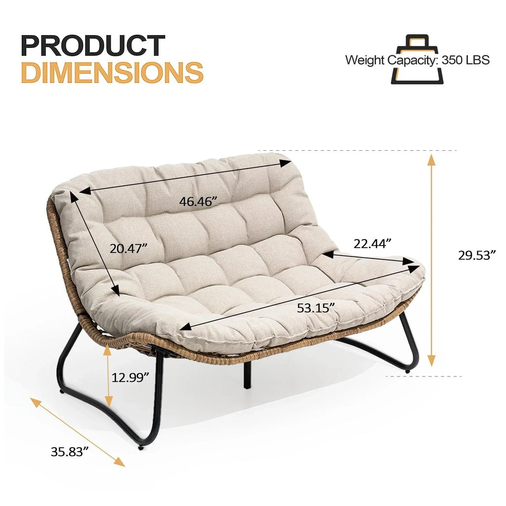 Doppelter Papasan-Sessel als Loveseat mit Kissen, wetterfestes PE-Rattan und Metallgestell für drinnen und draußen